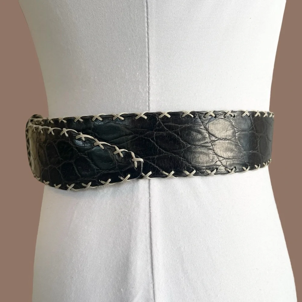Italian Leather Black Croc Embossed Wide Waist Oversized Belt Maximalist Size S